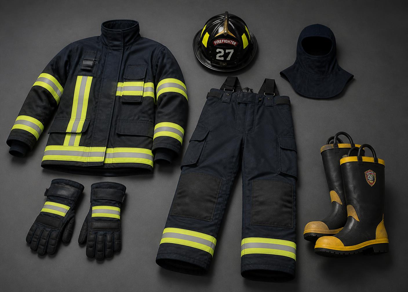 Set lengkap perlengkapan pemadam kebakaran: jaket, celana, helm, sarung tangan, sepatu, dan hood
